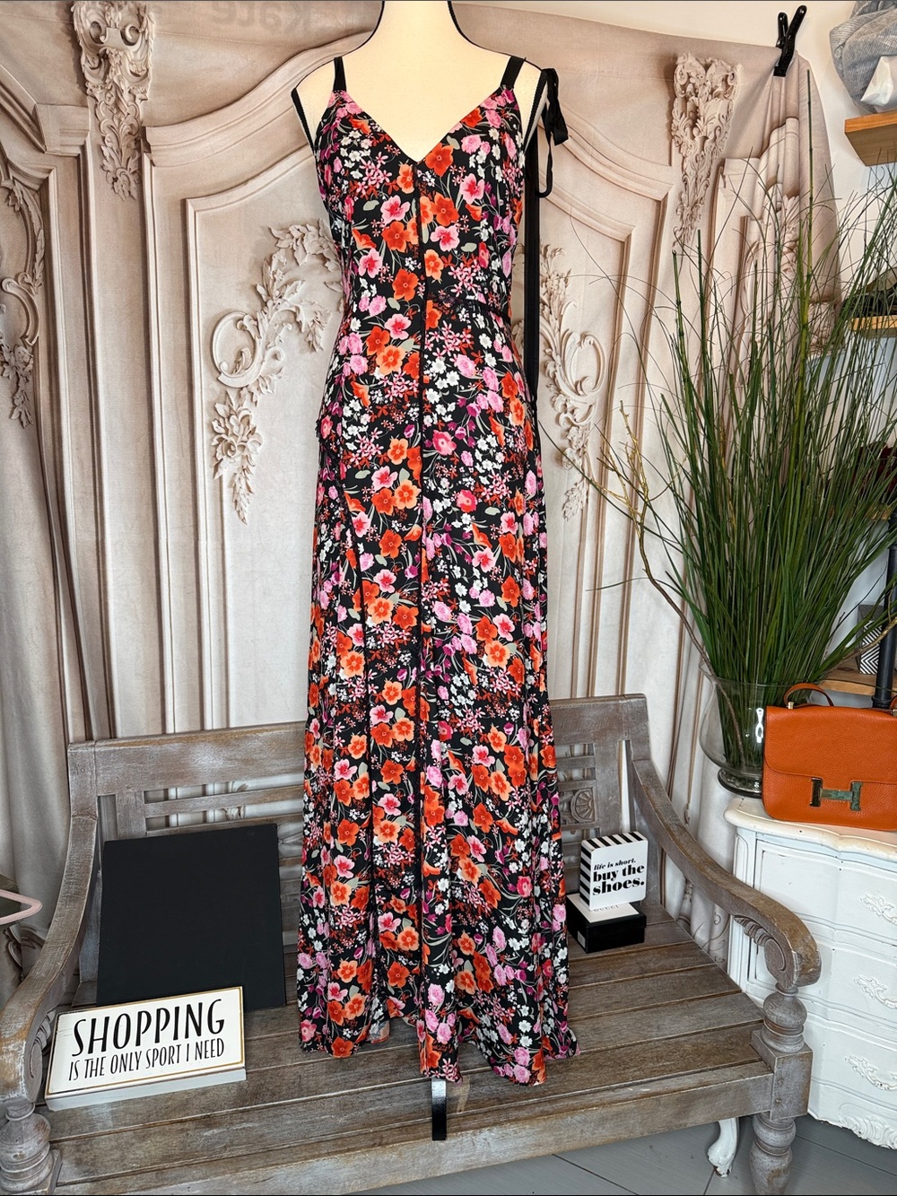 GOEN .J Floral Black Maxi Dress with Pink & Orange Blooms